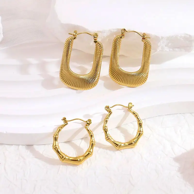 Tarnish Free 18K Banhado A Ouro Bamboo Ins Hot Moda Jóias Impermeável Hypoallergenic U Forma Quadrada Chunky Hoop Brincos