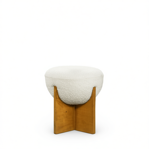 Otomana Tapizada en Tela Bouclé Blanca Marfil, con Base de Madera Natural, Estilo Moderno para Sala de Estar - Product Image 1
