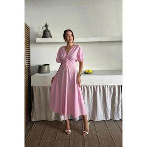 Robe Courte Décontractée en Lin de Haute Qualité à Col en V - Rose Uni Tendance avec Boutons sur le Devant et Pompons, Taille Unique XS-XL pour Fête de Jour Printemps - Product Image 6