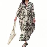 Gaun Maxi IStapromo V-Neck Lengan Lonceng Motif Geometris Longgar Kasual Musim Panas Bahan Woven Asimetris