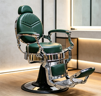 Fauteuils de barbier en cuir vert foncé, style rétro, luxe, avec cadre chromé poli, fauteuil de barbier hydraulique pour hommes