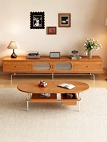 Ensemble table basse et meuble TV en bois massif, console multimédia de style mid-century avec tiroir de rangement, structure en acier inoxydable, meubles de salon