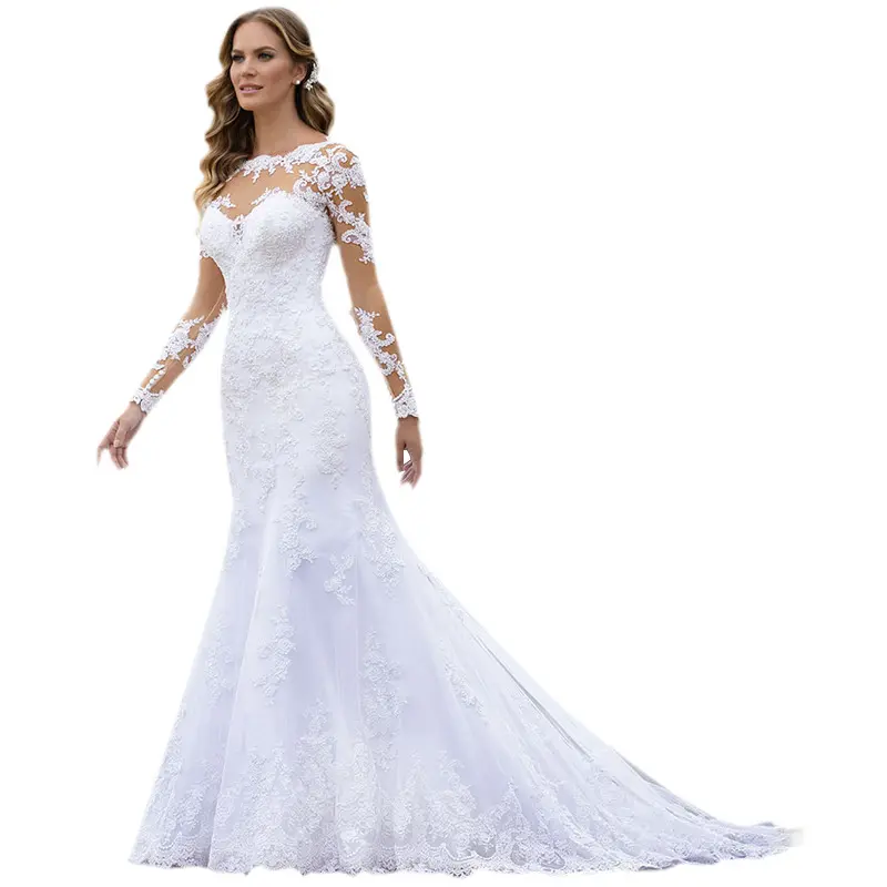 2023 Custom Vestido Sweep Train Gown Prom Lace Mermaid wedding dress for bride wedding dress bridal gown modest wedding dress