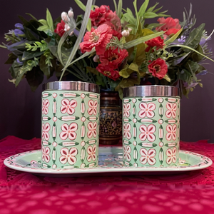 Ensemble de 2 récipients à épices en acier inoxydable de style marocain avec couvercle, design rond, motif imprimé, pour le stockage des aliments - Product Image 1