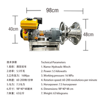 Treuil hydraulique diesel 7,5 CV, 5,5 kW, 16 MPa, 60-200 tr/min, pour bateau de pêche, dimensions 98x40x48 cm.