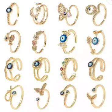 Copper zircon evil eye 18k gold plated open adjustable ring set jewelry for men women