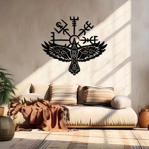 Décoration murale en fonte d'art déco nordique personnalisée avec corbeau viking et Vegvisir, panneau métallique pour la maison, 1 pièce, taille personnalisée disponible - Product Image 3