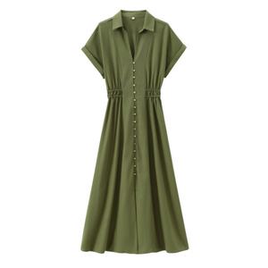 Robes décontractées en mélange de lin à manches courtes, coupe ajustée taille haute, style jupon psychédélique, personnalisables en gros - Product Image 1