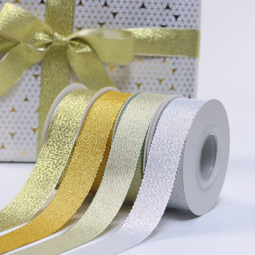 Wholesale Custom Gold Silver Metallic Polyester Ribbon Roll Satin Solid Color Glitter Ribbons for Christmas Gift Decorations