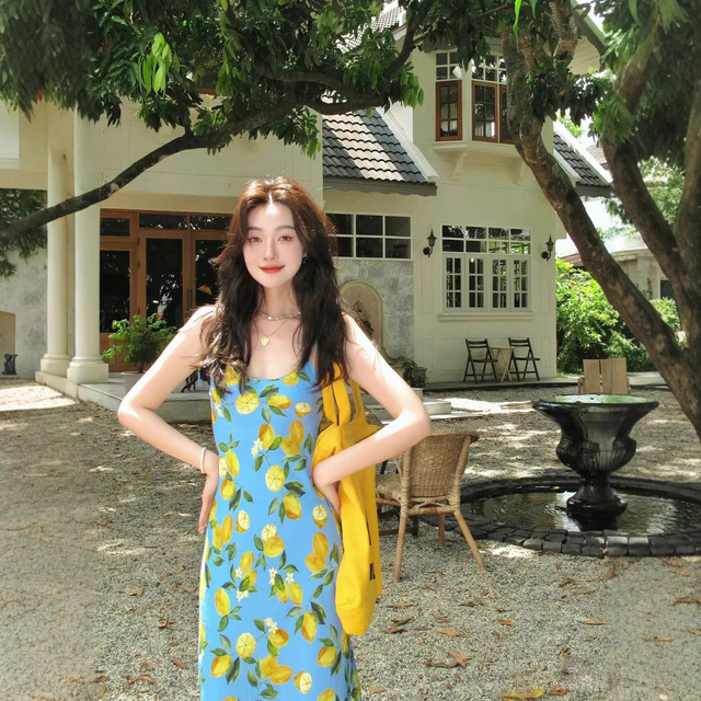 Seaside Vacation Style Casual Leisure Skirt Blue Lemon Print Sling Dress Women's Summer Beach Long Dress