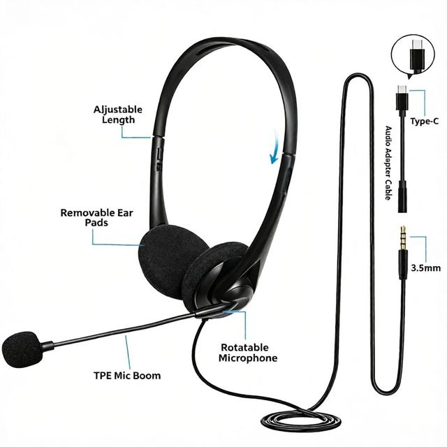 Wired Call Center Headset Rotatable Boom Microphone 3.5mm Jack with Type-C Adapter Business Office Headphones for Laptop