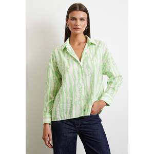 Camisa Modal con Estampado de Cebra Verde, Blusa Casual con Botones para Mujer, Tela Popelina, Estilo Diario - Product Image 1