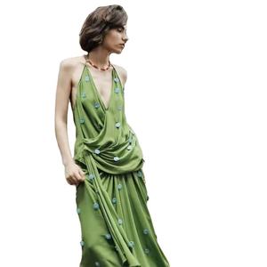 เสื้อคลุมไหล่แบบผูกคอ คอวีลึก แขนกุด สีเขียว ประดับเลื่อม สำหรับผู้หญิง สไตล์โบฮีเมียน เหมาะสำหรับวันพักผ่อน ทรงหลวม ผ้าคลุมไหล่แบบไม่สมมาตร - Product Image 1