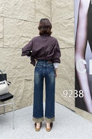 Jean droit bleu classique de haute qualité pour femme, taille haute élastique, coupe légèrement cintrée, effet vieilli, doux et confortable, grandes tailles