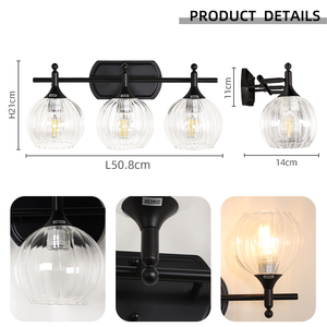 Industrial 3 Head Wall Lamp Black Iron Frame Round Glass Shade E27 LED 2700K Warm White <b>Bathroom</b> Vanity <b>Light</b> - Product Image 6