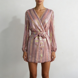 Vestido Cruzado Personalizado con Lentejuelas y Rayas para <span class=keywords><strong>Mujer</strong></span>, Cuello en V, Manga Larga Abullonada, Mini Vestido Elegante para <span class=keywords><strong>Fiesta</strong></span> o Uso Casual - Product Image 1