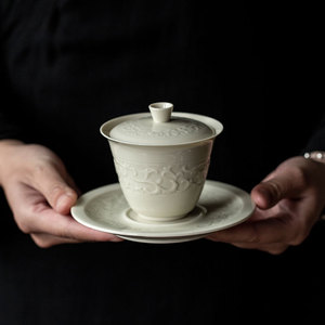 Ding Ware Gaiwan <b>Tea</b> <b>Set</b> With Lid Porcelain Lotus Scroll Design For Kung Fu <b>Tea</b> Ceremony - Product Image 1