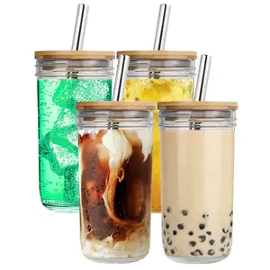 Reusable Boba Cup Bubble Tea Cup Wide Mouth Mason Jar With Bamboo Lid and Glass Stainless Straw Travel Tumbler
