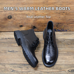 Bottes de travail mi-hautes en cuir souple de vachette pour hommes, doublées de velours, style affaires, tendance automne-hiver - Product Image 2