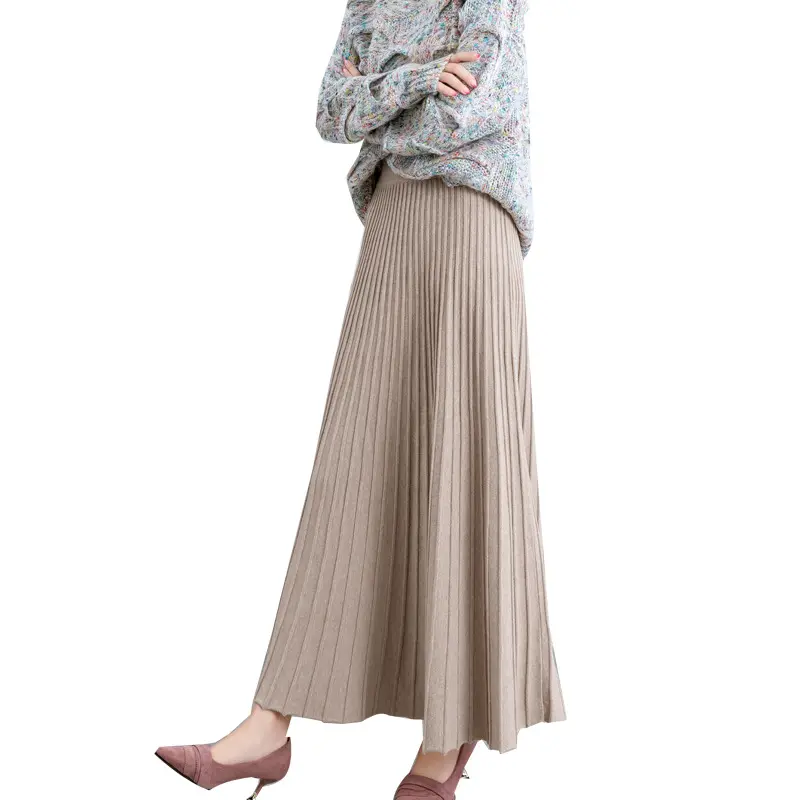 Women autumn winter elastic high waist solid color knitted long pleated sweater skirt for women A-line Office Long Skirt