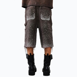 Shorts en jean vieilli personnalisés pour hommes, style vintage, coupe ample, délavé à l'acide, avec ourlet brut, entièrement orné de strass, en toile de coton - Product Image 5