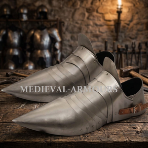 Chaussures d'armure de chevalier médiéval en acier poli argenté, bottes gothiques pour costume, chaussures de reconstitution historique pour hommes adultes - Product Image 2