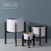 Merlin Modern Matte White Indoor Ceramic Flower Pot Wooden Stand in Bulk