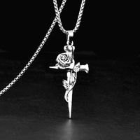 Collier ras du cou unisexe en alliage de zinc avec pendentif long en zircon, motif croix et rose rétro, cadeau hip-hop pour couple