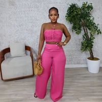 A7567 Tenues d'été décontractées deux pièces pour femmes Hauts à licou et pantalons amples au genou Tissu à tricoter de couleur unie Ensemble 2 pièces pour femmes