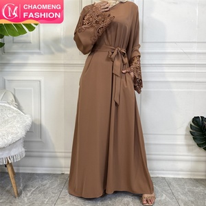 Solid Color Closed Lace Abaya Design <b>Maxi</b> Dress With Matching Floral Lace Sleeve and Front Zipper for Islamic Dubai Muslim Women - Product Image 2