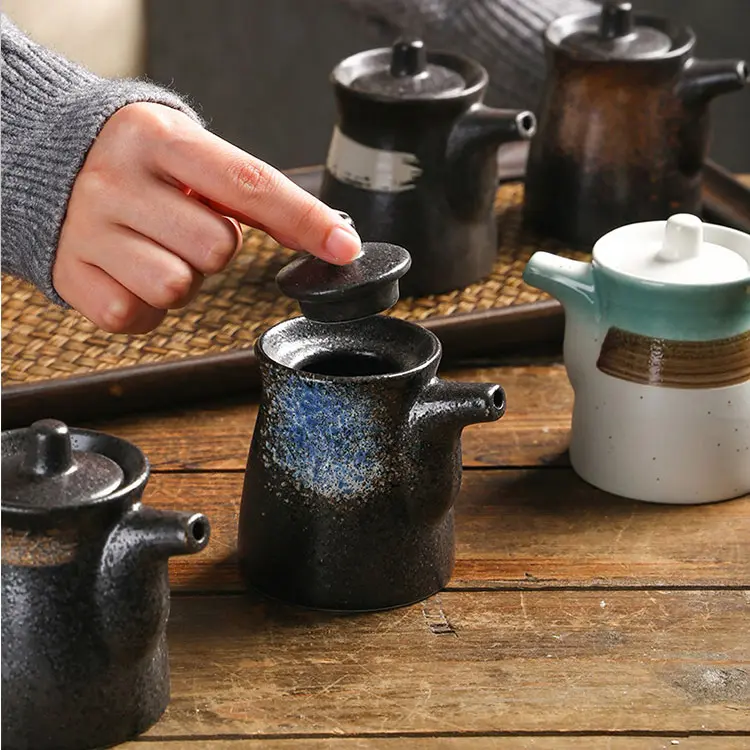 Botella dispensadora de aceite de oliva de vinagre de cerámica de porcelana para cocina de restaurante casero de estilo japonés