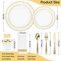 Ensemble de vaisselle en plastique transparent doré de qualité supérieure pour 25 invités, 175 pièces |   Lot de 50 assiettes, 25 couverts, 25 gobelets, 25 serviettes