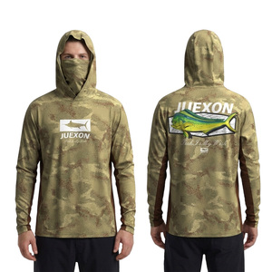 T-shirt à capuche de pêche pour <span class=keywords><strong>homme</strong></span> grande taille, imprimé camouflage sable Mahi Mahi, personnalisé en usine, avec <span class=keywords><strong>masque</strong></span> facial UPF50+, imperméable, respirant et anti-humidité - Product Image 1