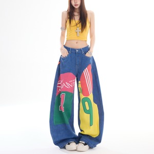 <span class=keywords><strong>Jeans</strong></span> a Gamba Larga con Stampa Grafica Y2K per Donne, Pantaloni in Denim Patchwork a Vita Alta, Streetwear Multicolore, Pantaloni Hip Hop - Product Image 1