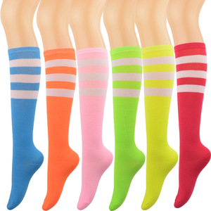 6 paires de chaussettes néon mi-hautes 100% coton tricotées extensibles pour femmes et hommes, pour le <span class=keywords><strong>roller</strong></span>, le football, le softball et les sports d'équipe - Product Image 1