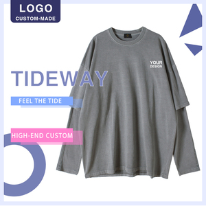 Ropa Logotipo personalizado Camiseta de dos piezas Algodón Caída Hombro Overblock Jacketouble Capa de manga larga Camiseta de <span class=keywords><strong>color</strong></span> puro - Product Image 6