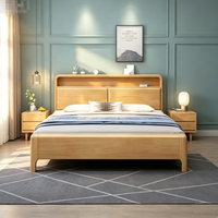 Cadre de lit moderne en chêne massif avec éclairage LED et port de charge USB, tête de lit avec rangement et dossier rigide, lit double pour chambre à coucher, vente en gros