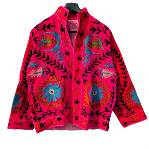 Manteau rose brodé à la main à motifs floraux, col mandarin, manches trois quarts, style bohème, grande taille, vêtements d'extérieur pour femmes, printemps, décontracté - Product Image 1