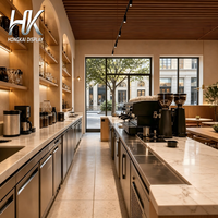 Comptoir de café personnalisé, écologique et durable, avec étagères arquées en bois, présentoir en verre et éclairage LED pour l'intérieur du café