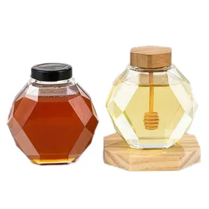 Sq48 Lege Zeshoekige Honing Met Houten Kurk Food Grade Glazen Verpakking Verzegelde Blikjes Zeshoekige Honingpotten
