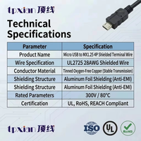 Kabel Micro USB ke MX1.25 4P Terlindung UL2725 28AWG dengan Aluminium Foil Anti-interferensi untuk Modul Kamera Scanner