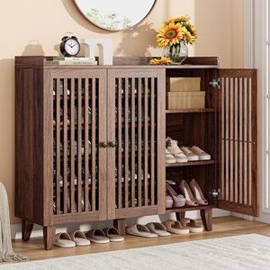 Mueble Zapatero Moderno <span class=keywords><strong>de</strong></span> Madera para Sala <span class=keywords><strong>de</strong></span> <span class=keywords><strong>Estar</strong></span>, Pasillo y Hotel, Zapatero Multicapa con Puerta <span class=keywords><strong>de</strong></span> Listones, Color Nogal - Product Image 1