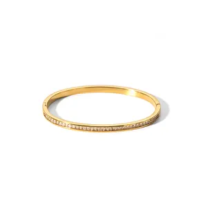 Gold Plated Steel Metal 18K Bracelet Bangle Zircon Inserting Narrow Band Cuff Bangle Tarnish Free