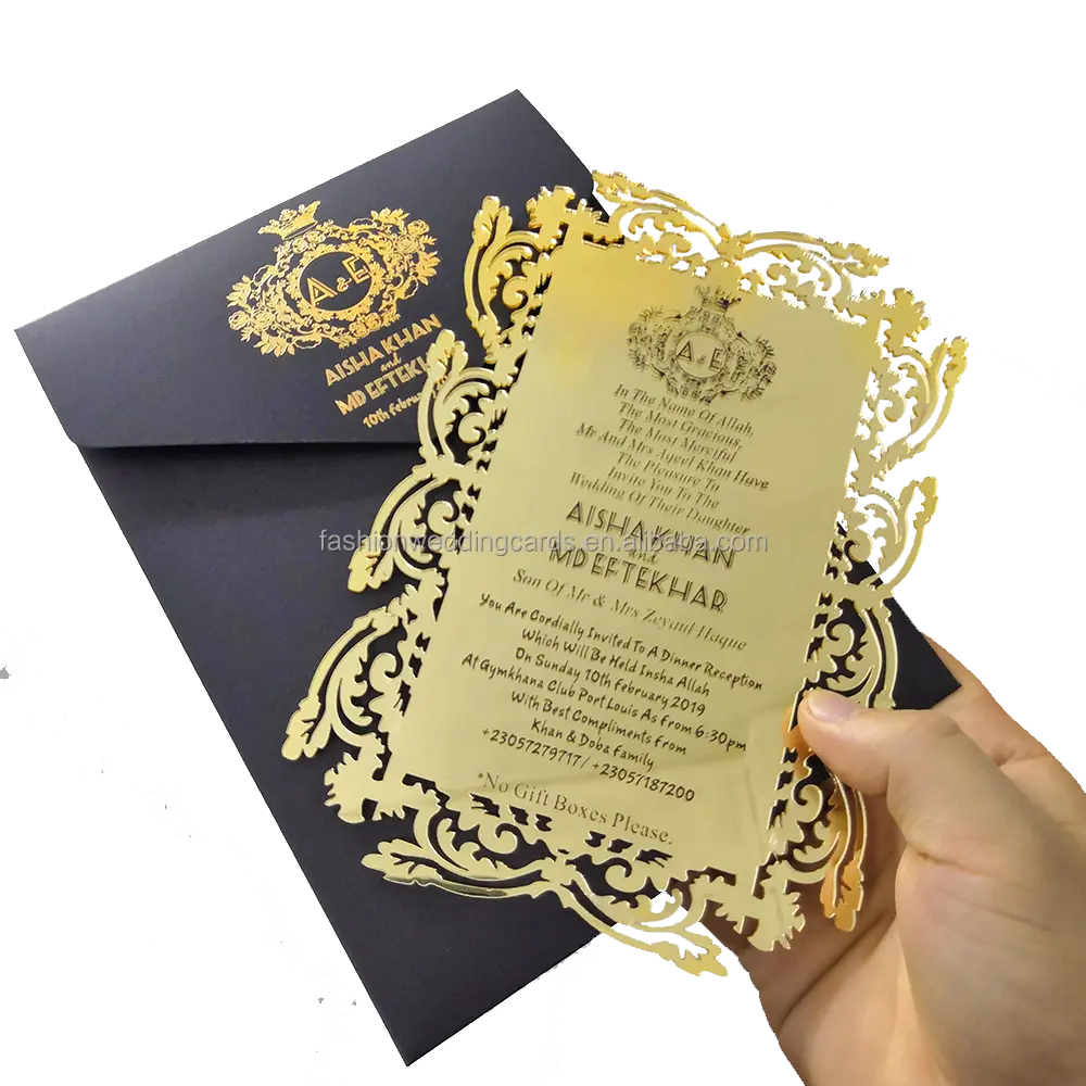 Custom Gold Mirror laser cut akrilik undangan pernikahan dengan hot stamp teks kartu undangan ulang tahun kartu menu