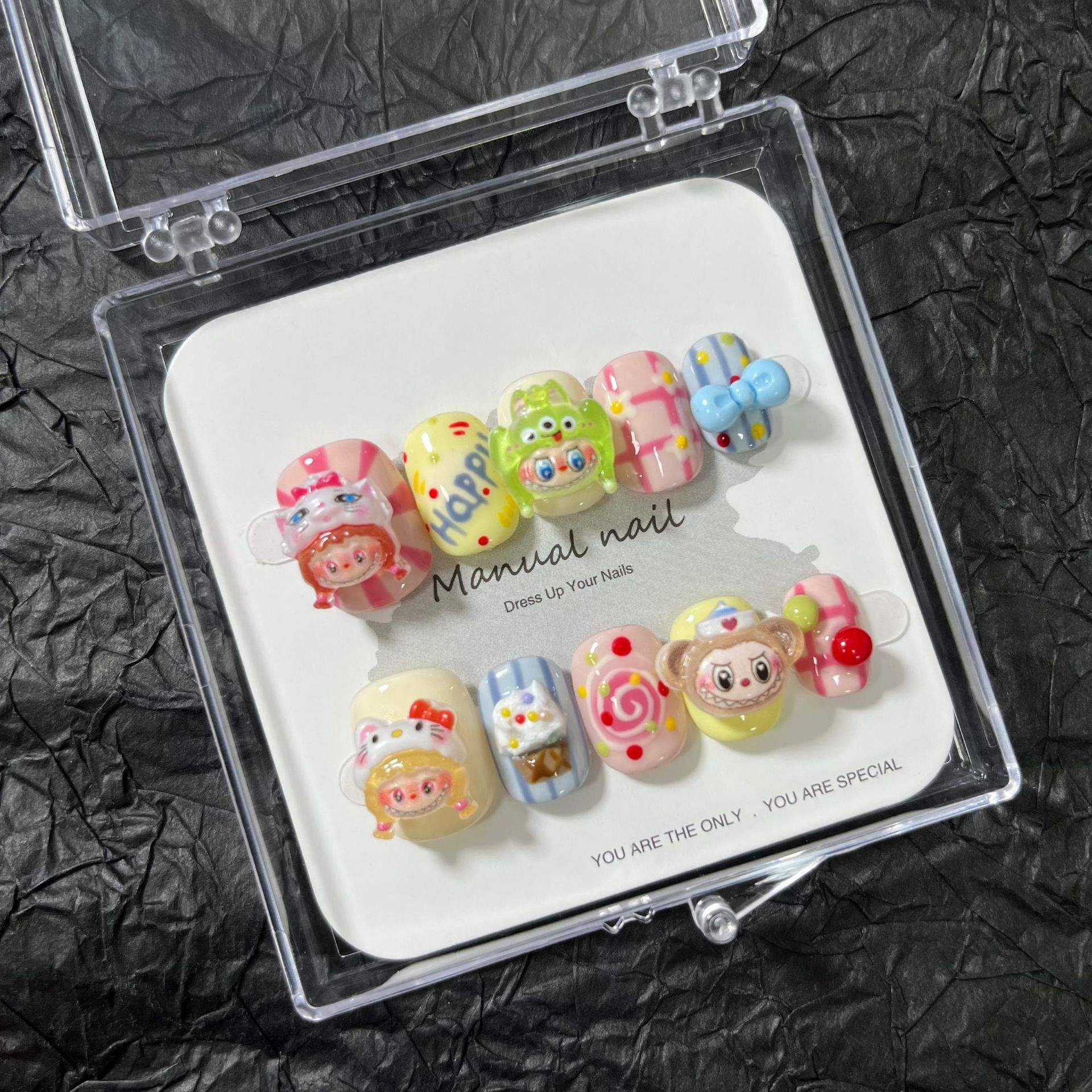 Popular Hot Sale False Fingernails Cartoon Kawaii Short Square Round Labubu Handmade Luxury Press on Nails for Glirls Nail Art