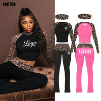 Set 2 Potong Kasual Kaos Raglan Ketat dan Celana Flare Motif Leopard Pakaian Musim Panas untuk Wanita Tinggi Mudah Dipakai Label Logo Kustom