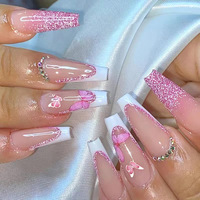 24pcs Kuku Palsu Almond Press On Pink White Ombre Dengan Bunga 3D & Rhinestone Kecil Elegan Buatan Tangan Dapat Digunakan Kembali