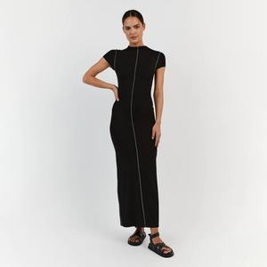 Robe longue de haute qualité à manches courtes, robe moulante respirante en tricot pour femmes - Product Image 2