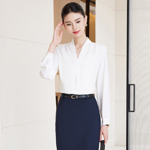 Women's V-Neck Long Sleeve Chiffon Shirt Solid Color Office Professional Blouse Polyester Fabric 2025 Autumn Style - Product Image 3