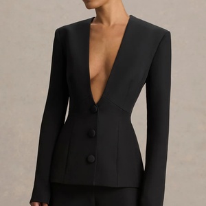 Blazer de Oficina para Mujer, Cintura Ajustada, Cuello en V Profundo, Chaqueta Negra Elegante y Formal - Product Image 2